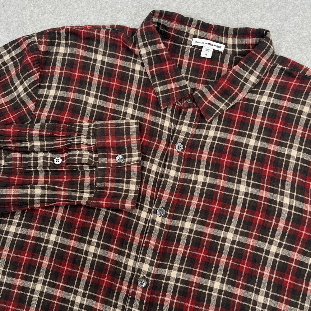 James Perse Flannel Shirt Mens Sz 4 / XL Red Black Plaid Button Up Long Sleeve